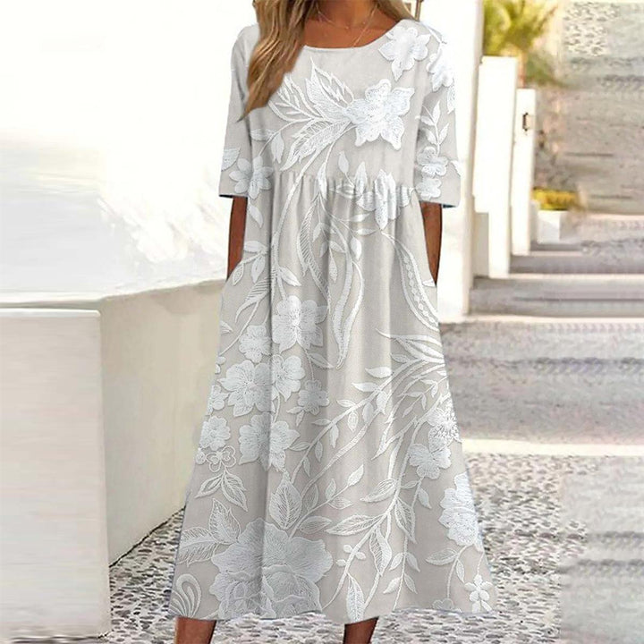 Vestido Midi Básico de Cuello Redondo y Manga Corta