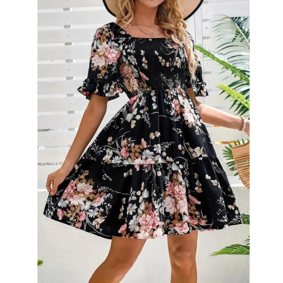 SALVACION – VESTIDO CLÁSICO CON MANGAS ACAMPANADAS Y ESTAMPADO FLORAL