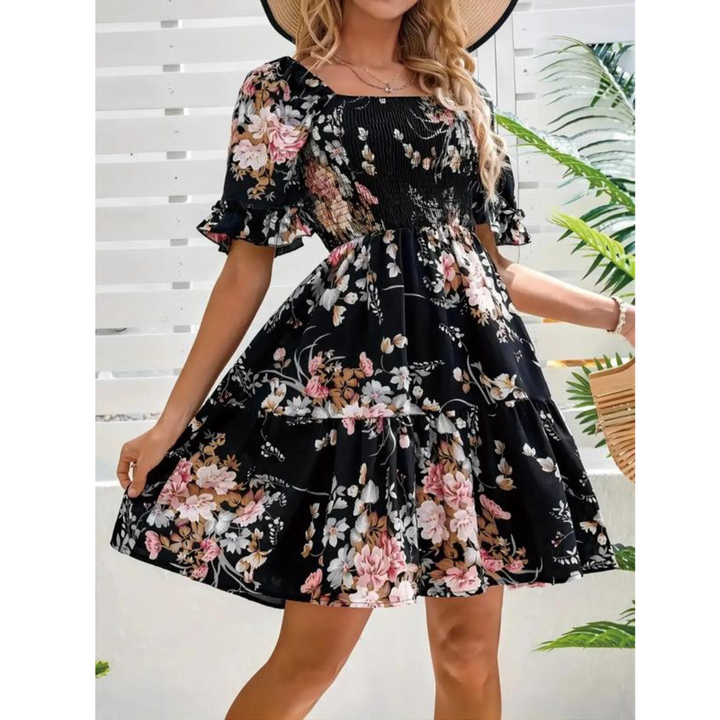 SALVACION – VESTIDO CLÁSICO CON MANGAS ACAMPANADAS Y ESTAMPADO FLORAL