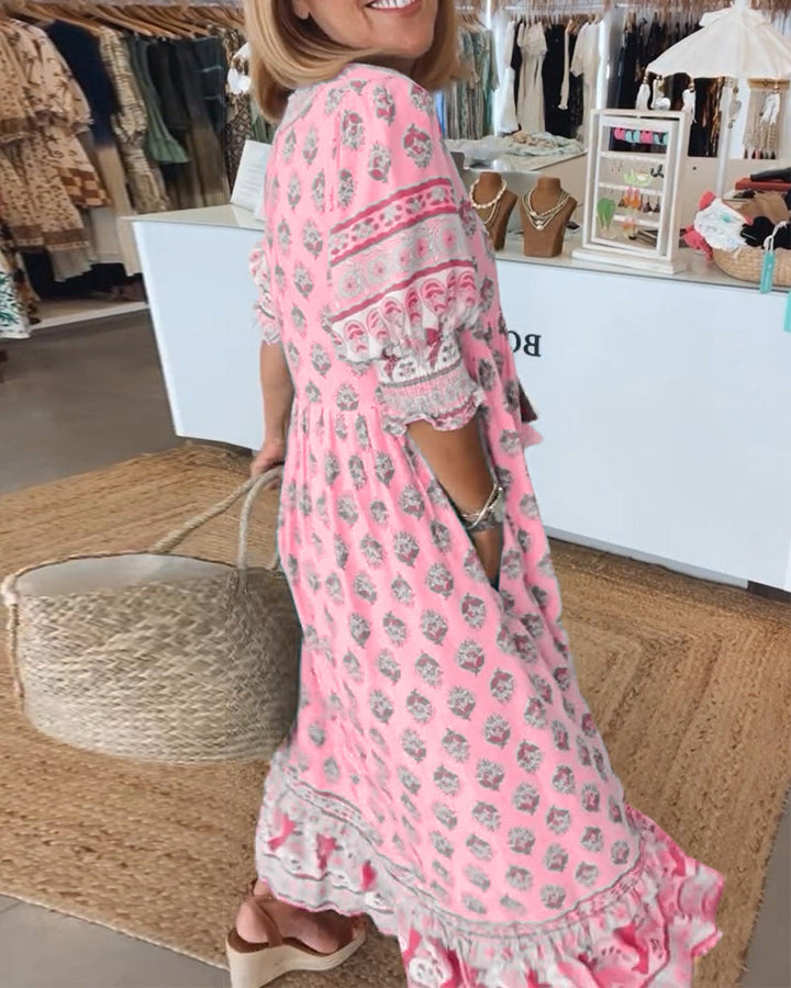 Miya - Vestido Casual con Estampado, Cuello en V y Manga Corta