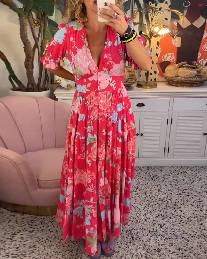 Catrisa™ - Vestido con Bolsillo y Escote en V con Estampado Floral