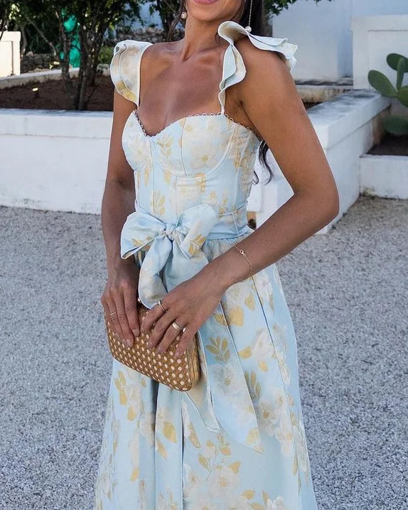 BRUNA - VESTIDO ESTAMPADO CON MANGA MARIPOSA Y CINTURÓN