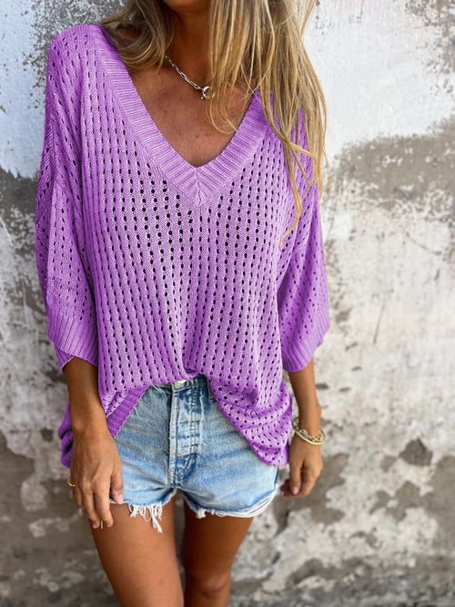 SUE - BLUSA DE PUNTO CON ESCOTE EN V Y DETALLES CALADOS