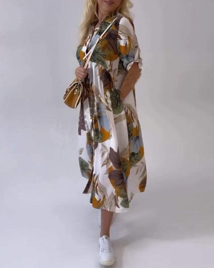 JOPLIN - VESTIDO CASUAL CON ESTAMPADO DE HOJAS Y CUELLO SOLAPA