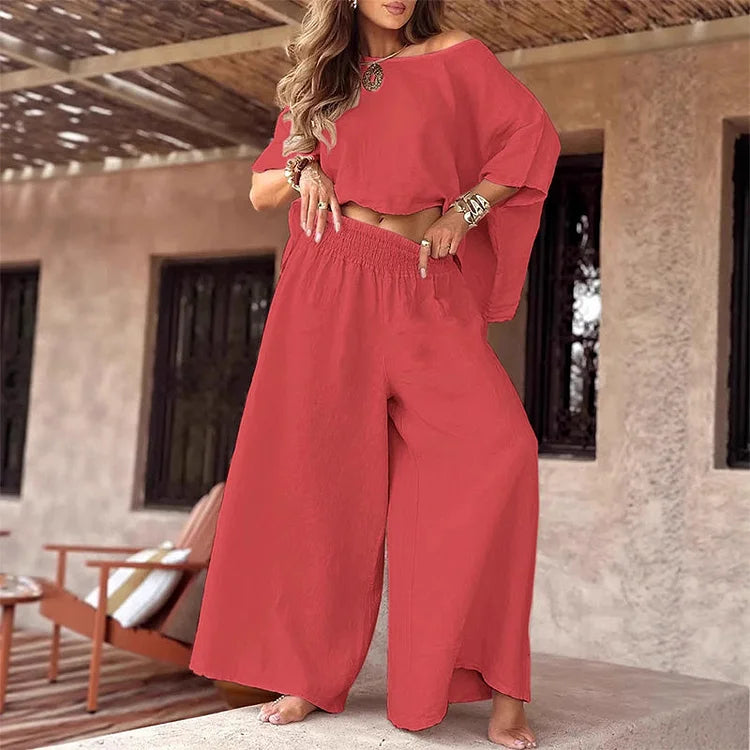 CARLEIGH - CONJUNTO CHIC DE BLUSA HOMBROS DESCUBIERTOS Y PANTALONES