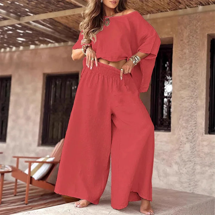 CARLEIGH - CONJUNTO CHIC DE BLUSA HOMBROS DESCUBIERTOS Y PANTALONES