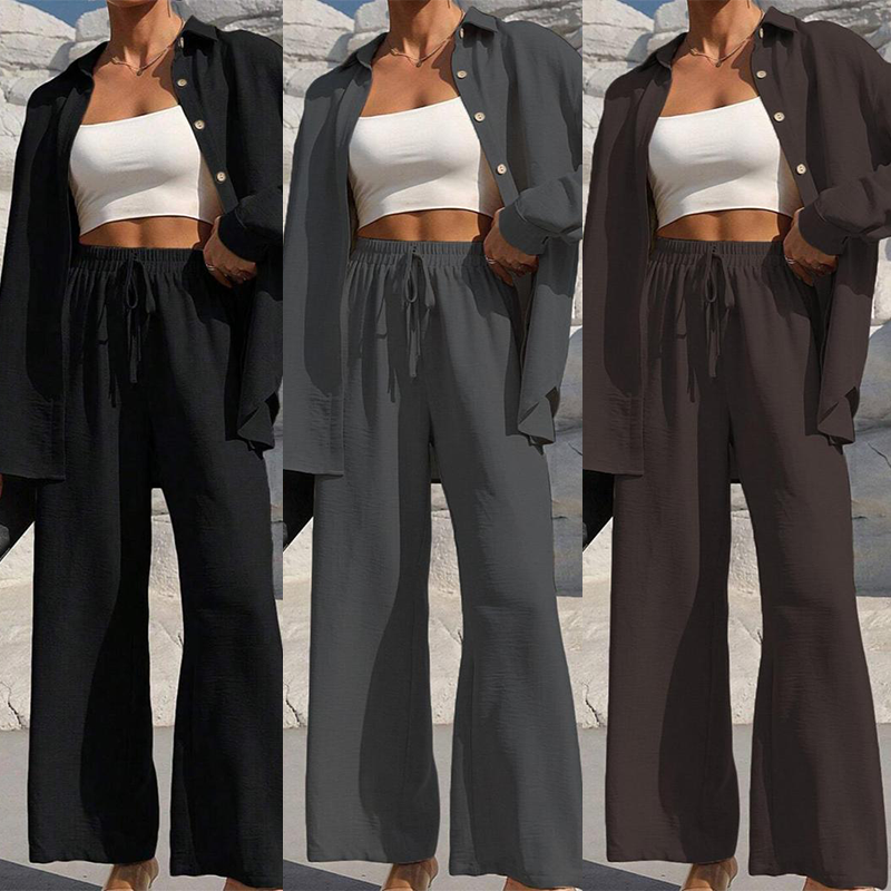 KAMRYN - CONJUNTO CLÁSICO DE CAMISA CON BOTONES Y PANTALÓN DE PIERNA ANCHA