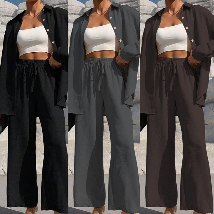 KAMRYN - CONJUNTO CLÁSICO DE CAMISA CON BOTONES Y PANTALÓN DE PIERNA ANCHA