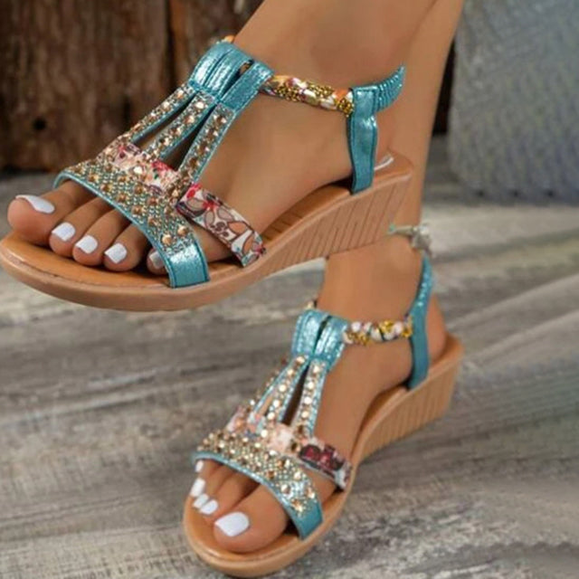 LINDY - SANDALIAS ELEGANTES DE CUÑA CON DETALLES DE CRISTALES