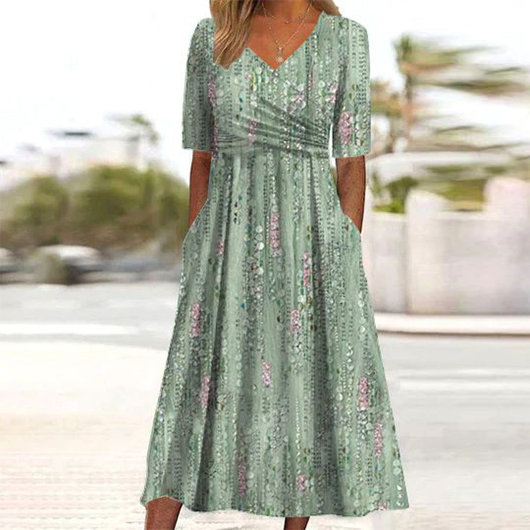 Vestido Midi con Bolsillos Laterales y Estampado de Plantas Verdes