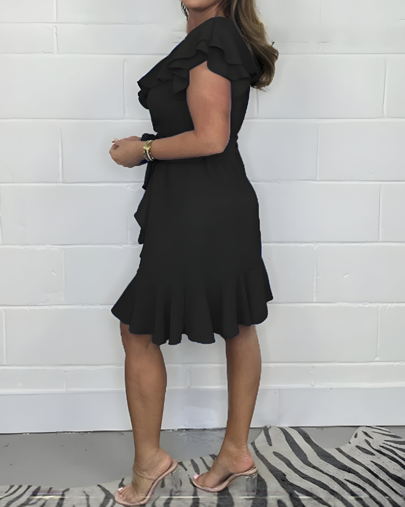 KHLOE - VESTIDO LIGERO CON ESCOTE EN V Y CINTURA CON VOLANTES