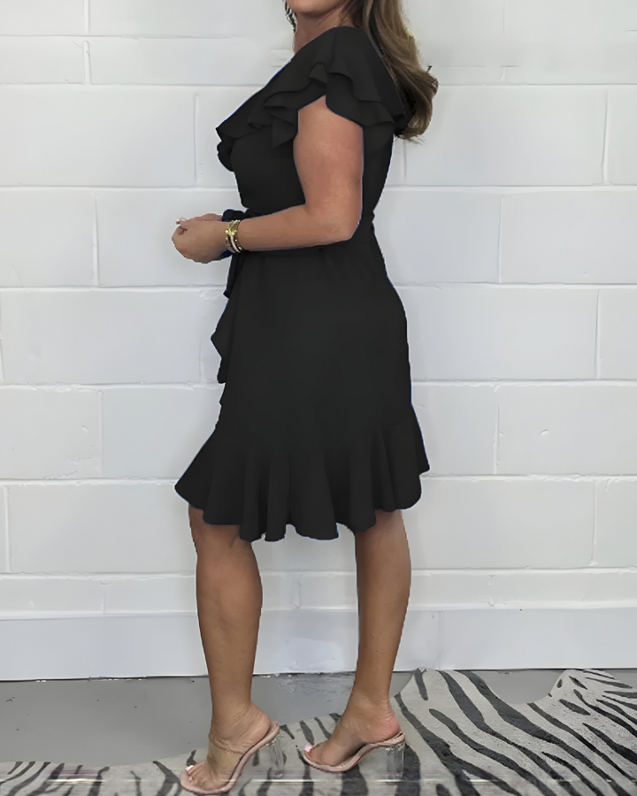 KHLOE - VESTIDO LIGERO CON ESCOTE EN V Y CINTURA CON VOLANTES