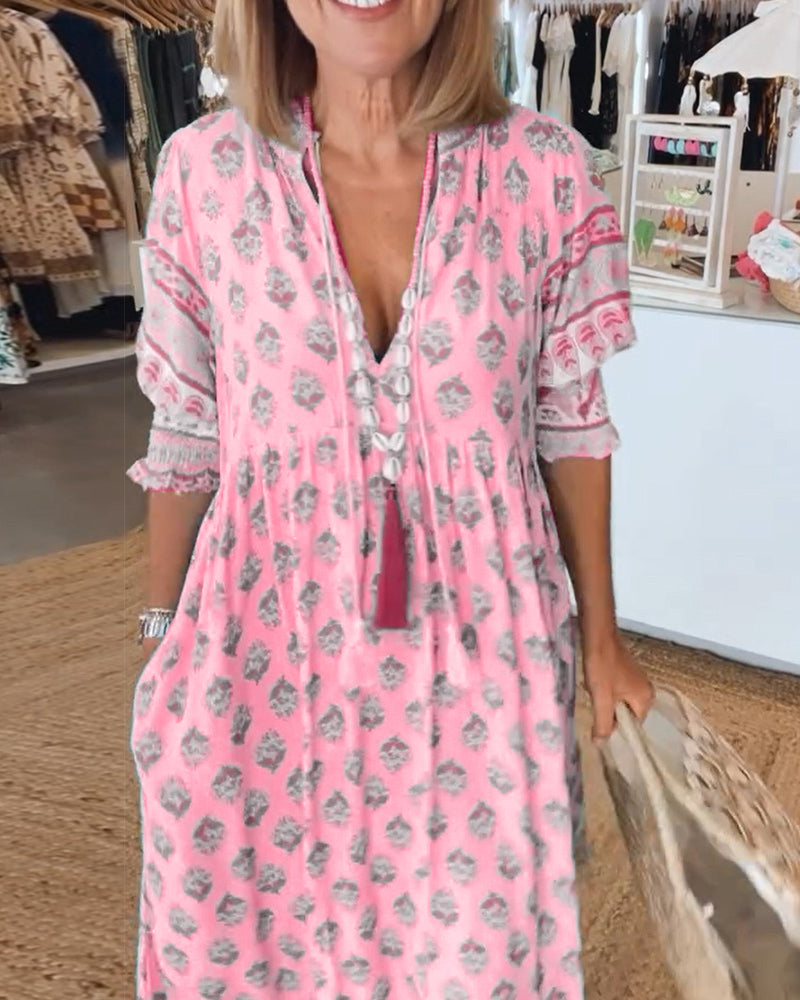 Miya - Vestido Casual con Estampado, Cuello en V y Manga Corta