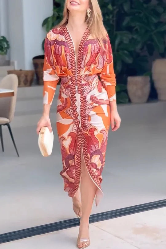 EUGENIA - VESTIDO CON ESTAMPADO INSPIRADO EN BRASIL, FRUNCIDO Y CON ABERTURA