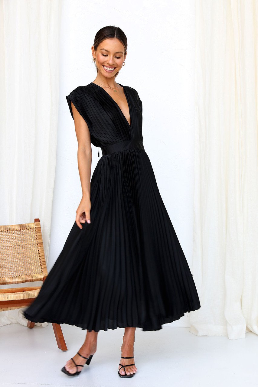 MADISYN - VESTIDO CON FALDA PLISADA Y ESCOTE EN V FLUIDO