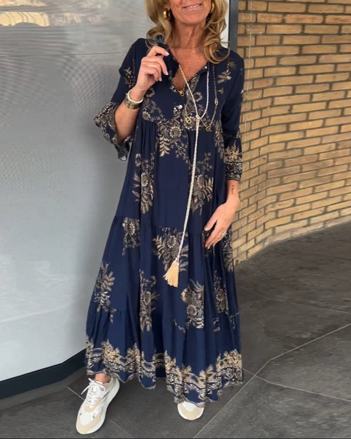 TATIANA - VESTIDO MAXI FLORAL AZUL MARINO CON ESCOTE EN V
