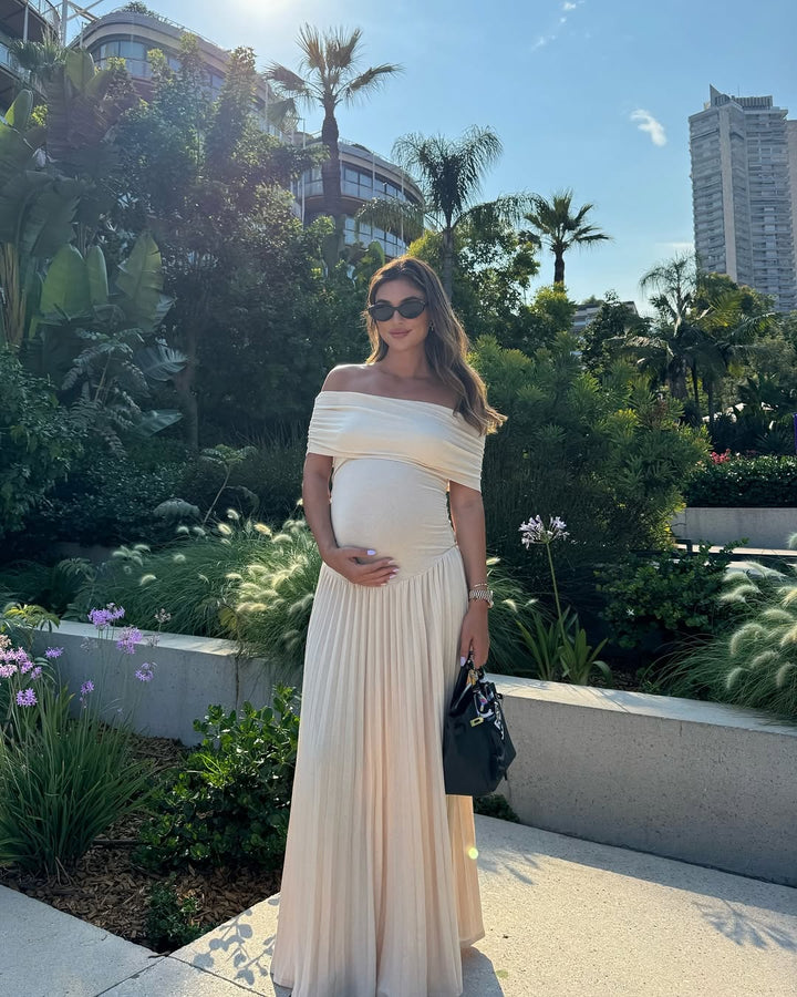 CALARA - VESTIDO MAXI MATERNAL FLUIDO CON HOMBROS DESCUBIERTOS