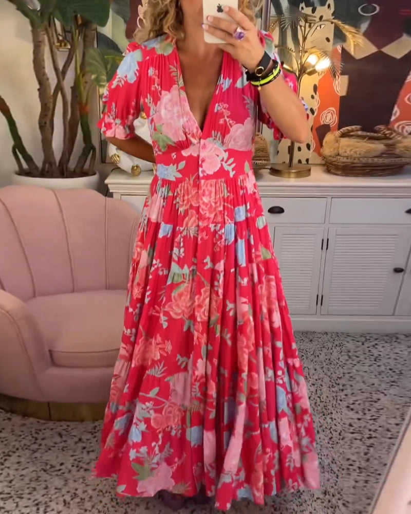 Catrisa™ - Vestido con Bolsillo y Escote en V con Estampado Floral