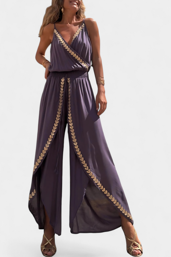 DONELLA - MONO ELEGANTE DE PIERNA ANCHA CON ESCOTE EN V Y BORDADO