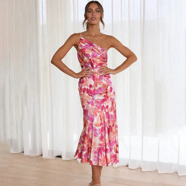 MAKAYLA - VESTIDO MIDI FLORAL ASIMÉTRICO DE UN HOMBRO