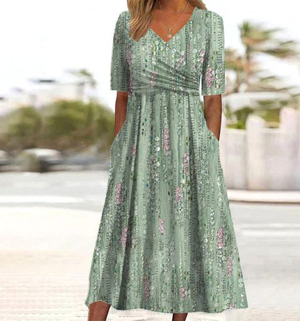 Vestido Midi con Bolsillos Laterales y Estampado de Plantas Verdes
