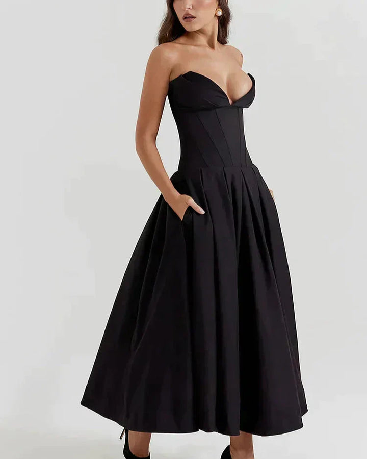 EMERSYN - ELEGANTE VESTIDO DE GALA SIN TIRANTES CON ESCOTE PROFUNDO EN V