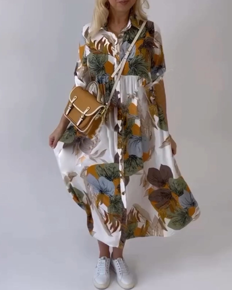 JOPLIN - VESTIDO CASUAL CON ESTAMPADO DE HOJAS Y CUELLO SOLAPA