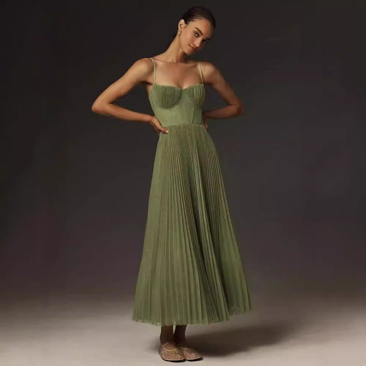 FARMA - VESTIDO MIDI PLISADO SIN TIRANTES