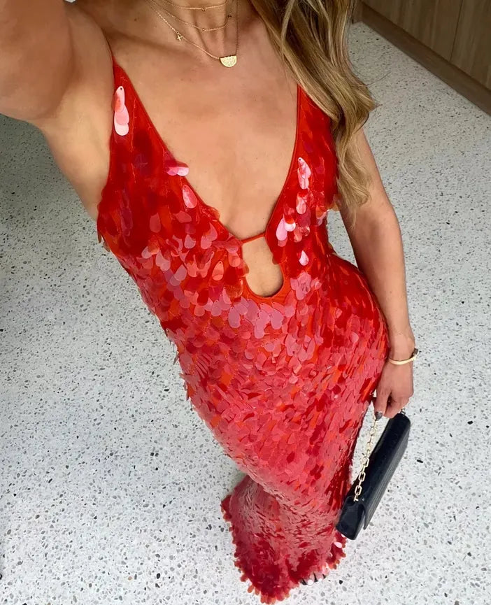 Kalea - Vestido de Tirantes con Lentejuelas Brillantes y Espalda Descubierta
