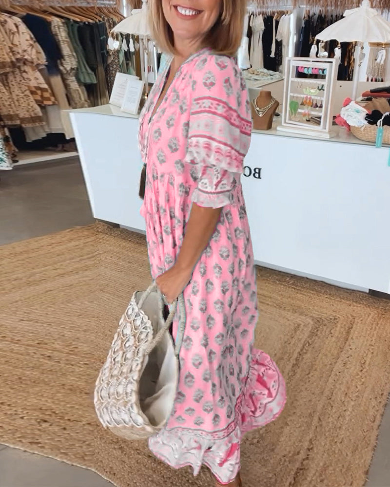 Miya - Vestido Casual con Estampado, Cuello en V y Manga Corta