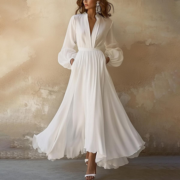 Vestido Maxi Vintage Blanco Liso con Escote en V