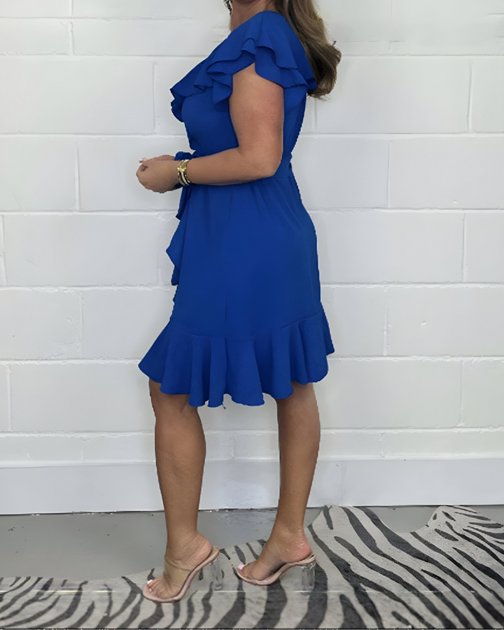 KHLOE - VESTIDO LIGERO CON ESCOTE EN V Y CINTURA CON VOLANTES