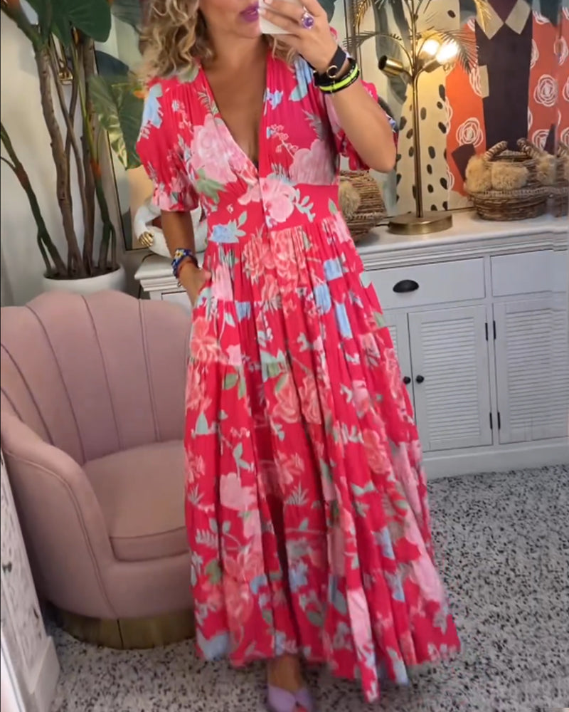 Catrisa™ - Vestido con Bolsillo y Escote en V con Estampado Floral