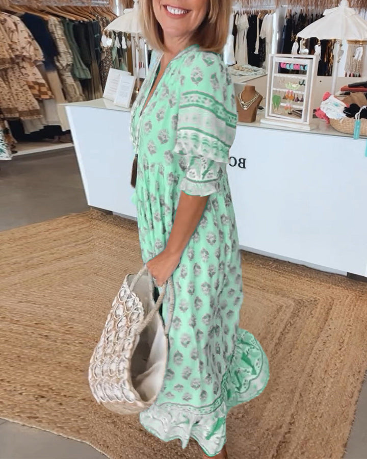 Miya - Vestido Casual con Estampado, Cuello en V y Manga Corta