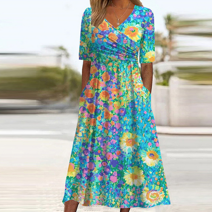 Vestido Midi Elegante con Estampado Floral y Manga Corta