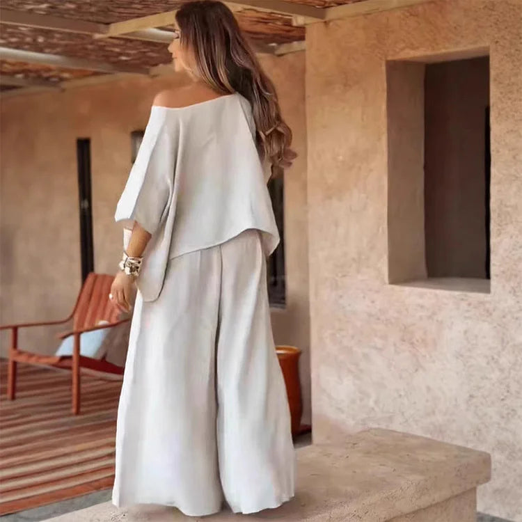 CARLEIGH - CONJUNTO CHIC DE BLUSA HOMBROS DESCUBIERTOS Y PANTALONES