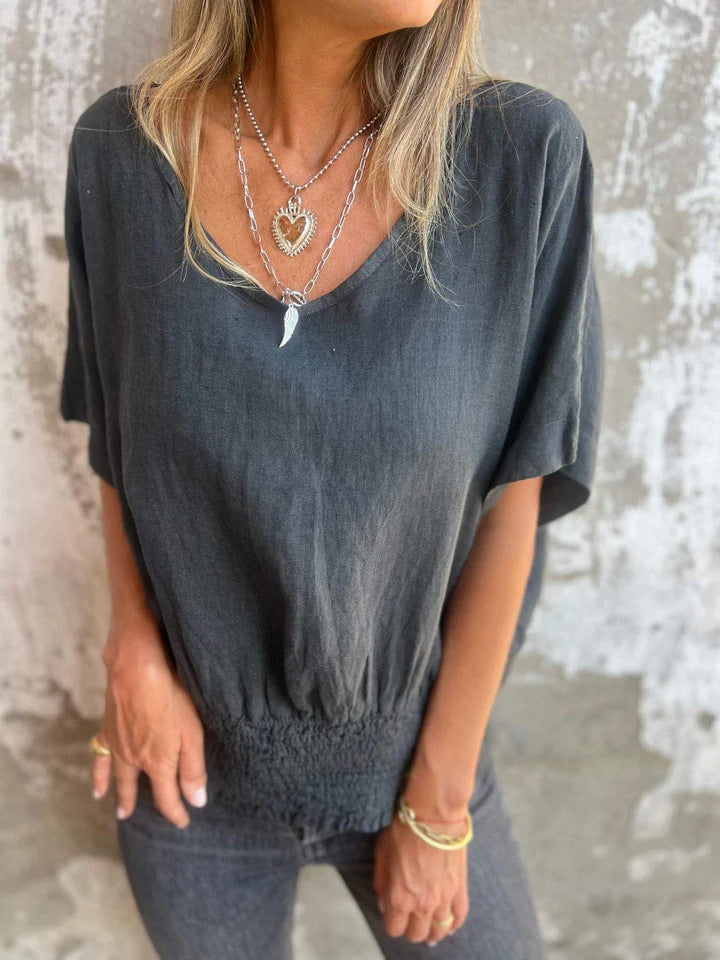 NIXIE - BLUSA RELAJADA DE ALGODÓN Y LINO CON ESCOTE EN V Y DISEÑO AIREADO