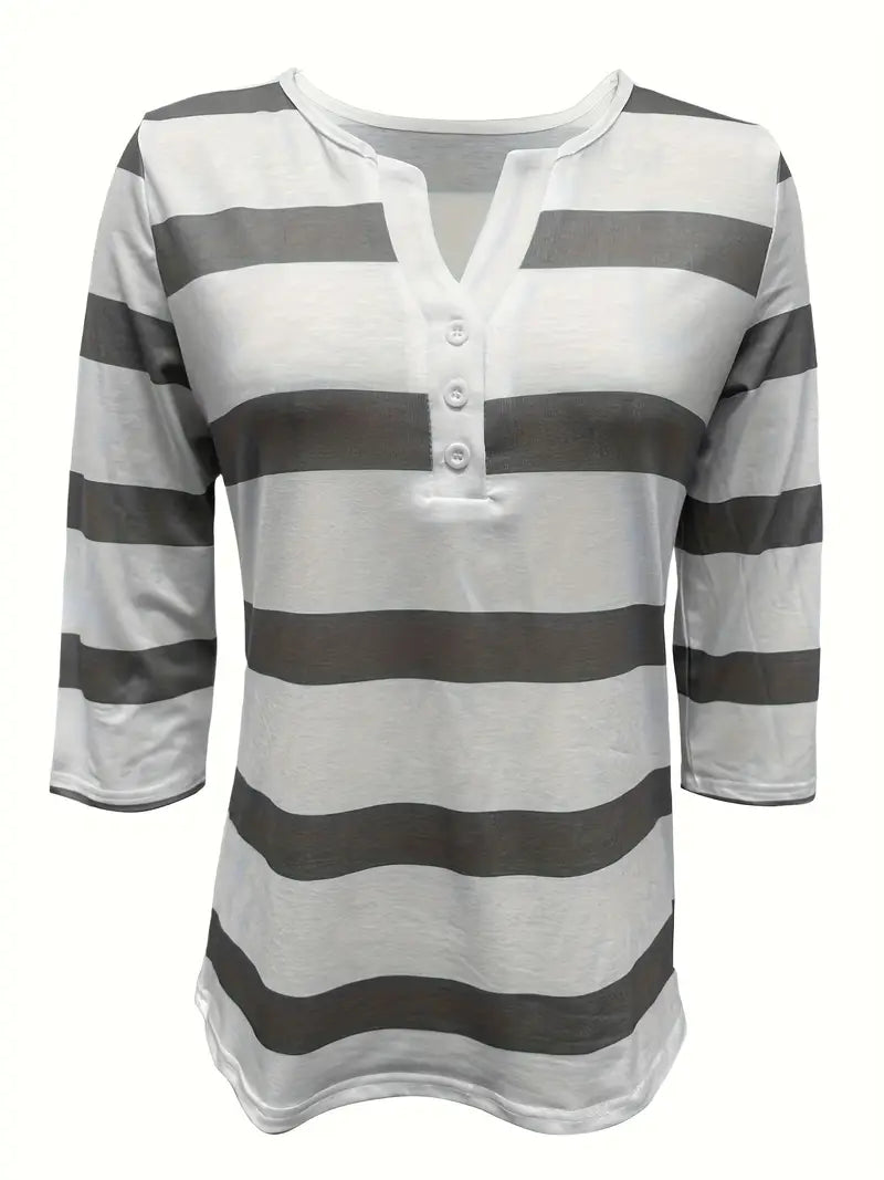 EIRAH - BLUSA ESENCIAL CON ESCOTE EN V Y ESTAMPADO DE RAYAS