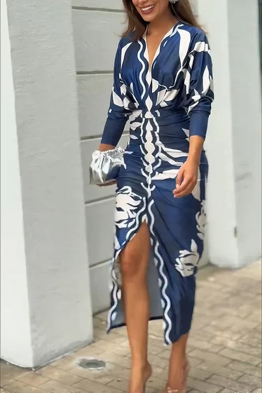 EUGENIA - VESTIDO CON ESTAMPADO INSPIRADO EN BRASIL, FRUNCIDO Y CON ABERTURA