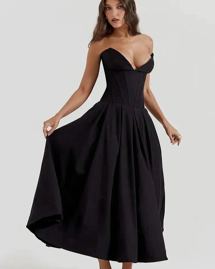 EMERSYN - ELEGANTE VESTIDO DE GALA SIN TIRANTES CON ESCOTE PROFUNDO EN V