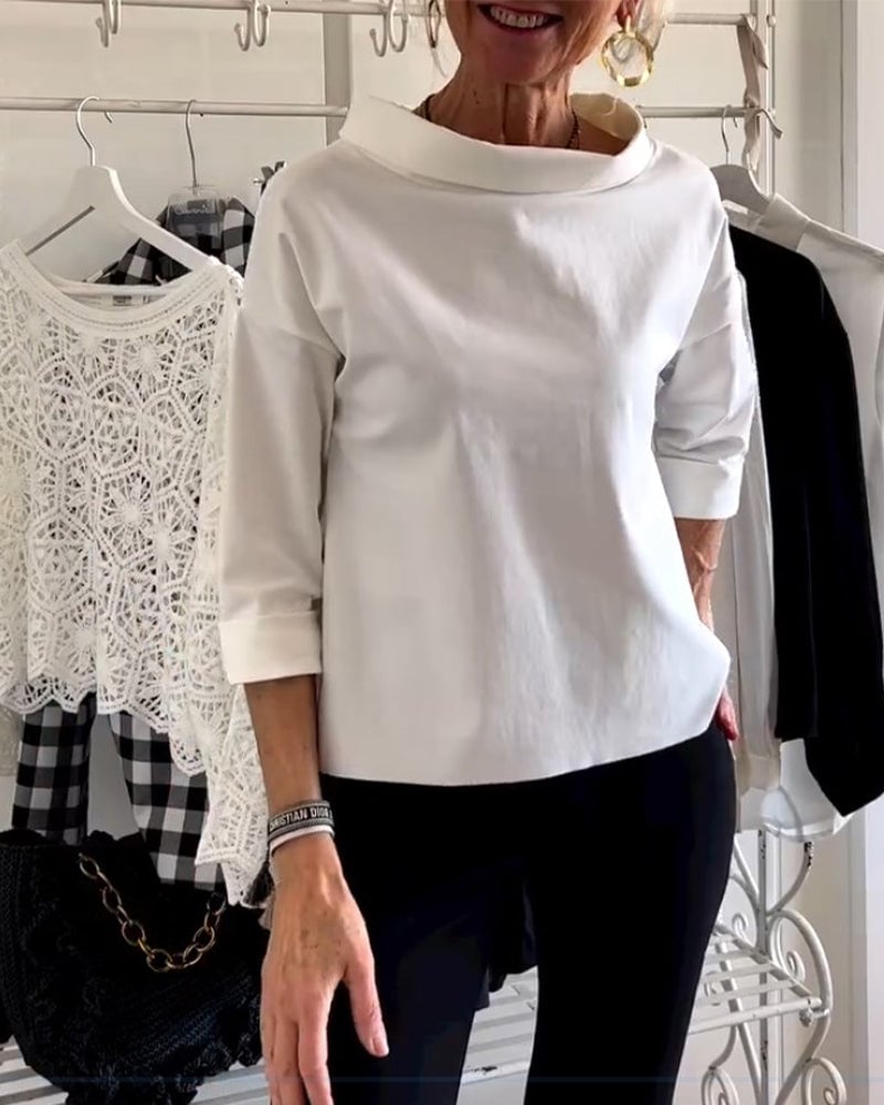 HENLYN - SUÉTER RELAJADO DE CUELLO MEDIO SIMULADO Y SOLAPA ANCHA