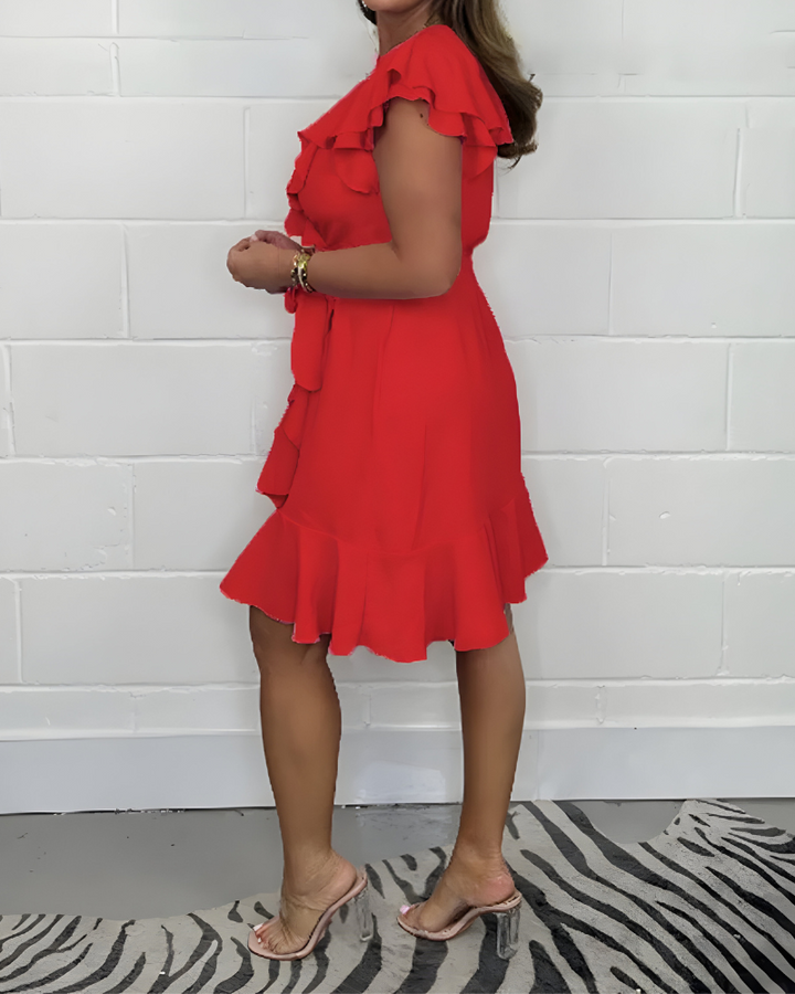 KHLOE - VESTIDO LIGERO CON ESCOTE EN V Y CINTURA CON VOLANTES
