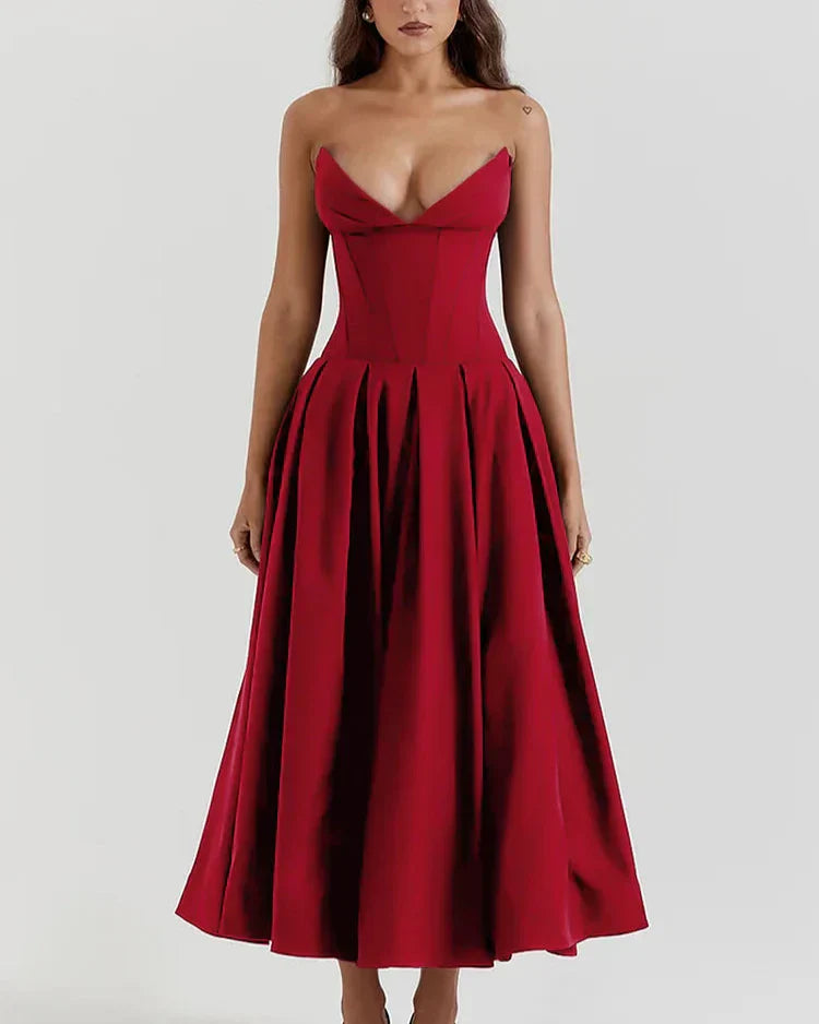 EMERSYN - ELEGANTE VESTIDO DE GALA SIN TIRANTES CON ESCOTE PROFUNDO EN V