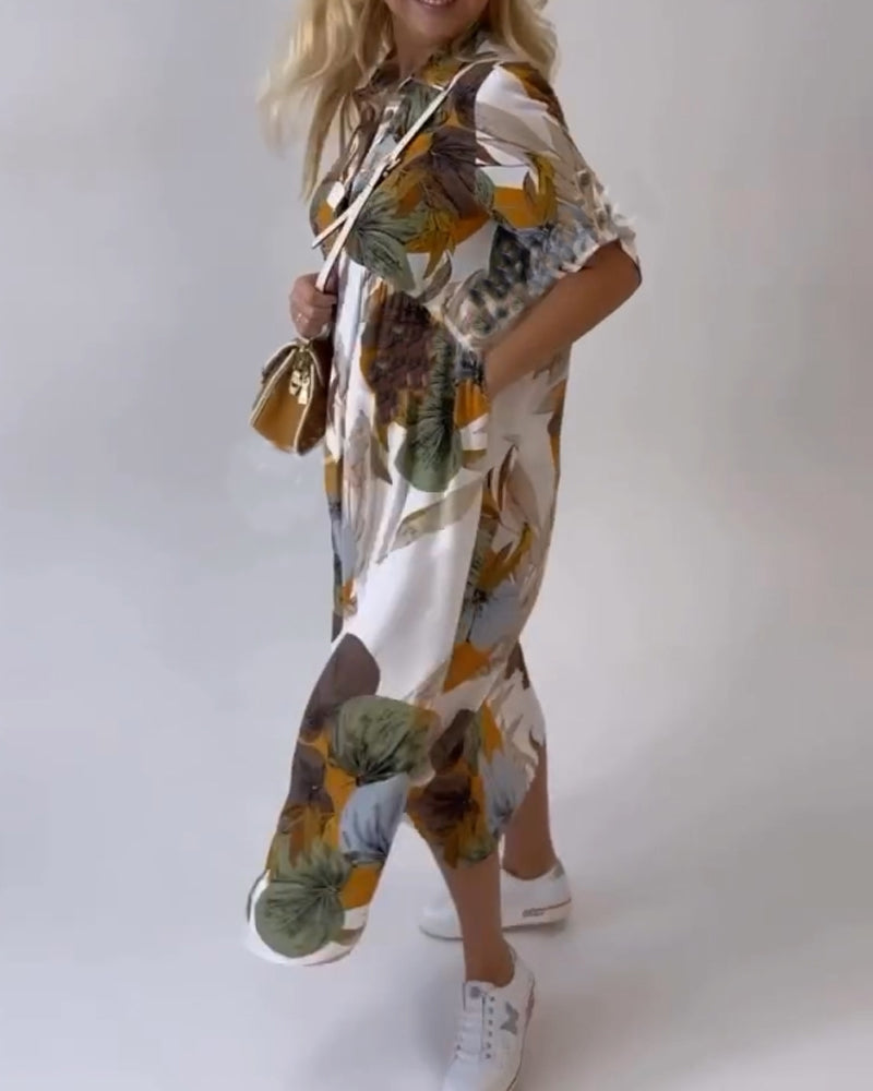 JOPLIN - VESTIDO CASUAL CON ESTAMPADO DE HOJAS Y CUELLO SOLAPA