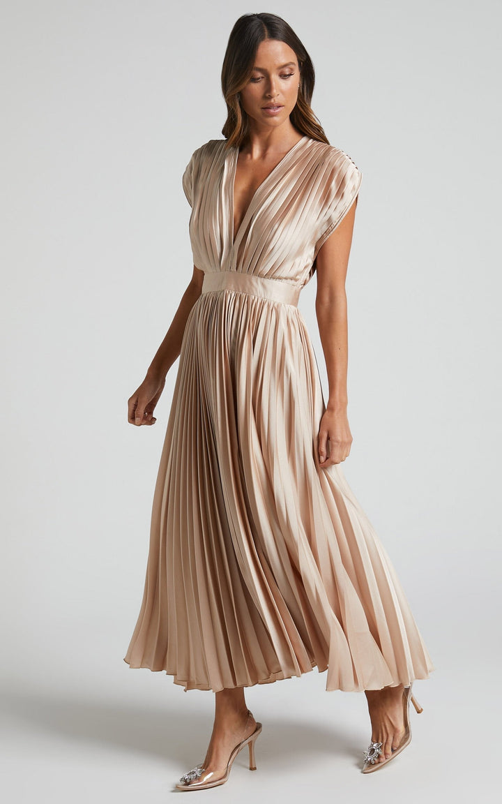MADISYN - VESTIDO CON FALDA PLISADA Y ESCOTE EN V FLUIDO