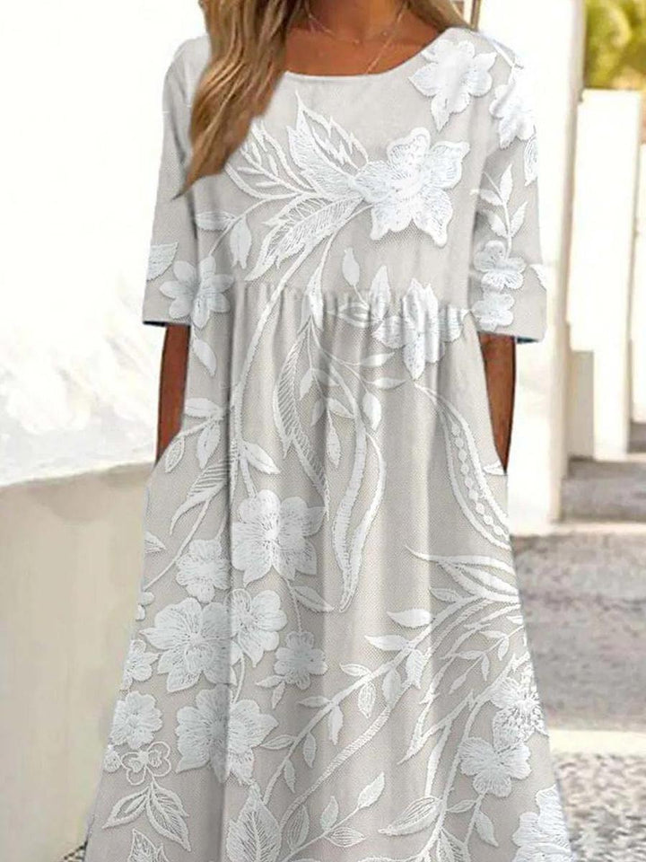 Vestido Midi Básico de Cuello Redondo y Manga Corta
