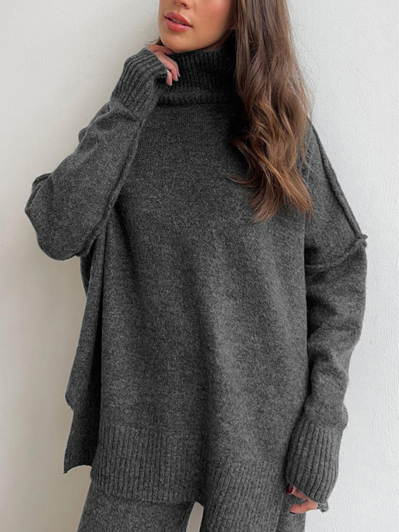LAURIE - CONJUNTO DE SUÉTER DE CUELLO ALTO LISO Y PANTALONES