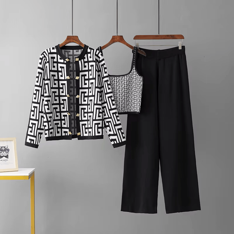 Avery™ - Traje de Tres Piezas con Cuello Redondo y Estilo Retro de Laberinto a Cuadros