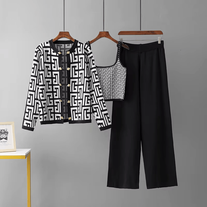 Avery™ - Traje de Tres Piezas con Cuello Redondo y Estilo Retro de Laberinto a Cuadros