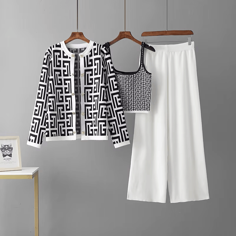 Avery™ - Traje de Tres Piezas con Cuello Redondo y Estilo Retro de Laberinto a Cuadros